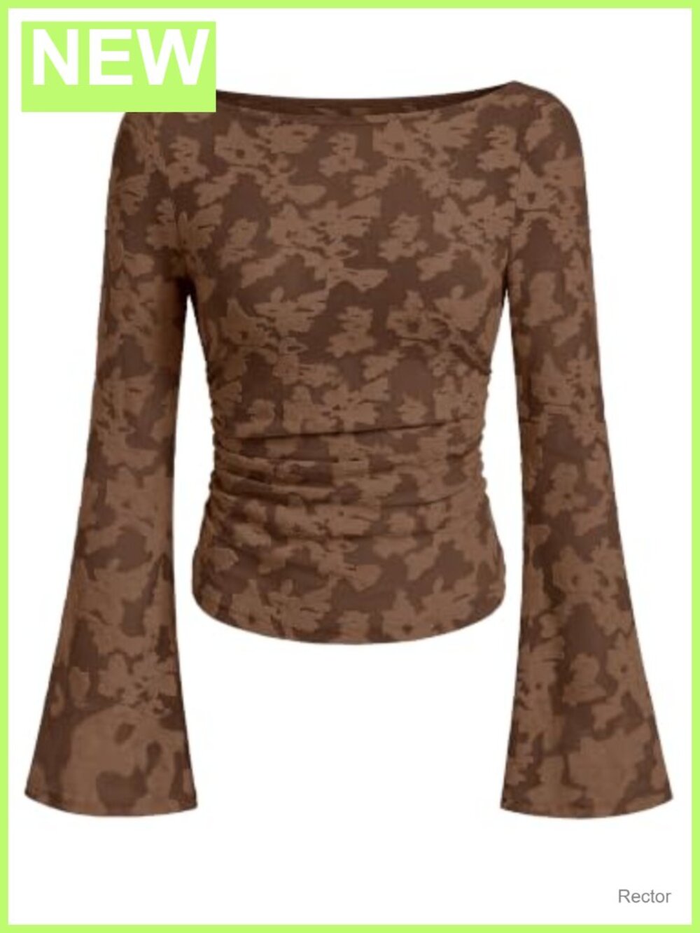 Womens Bell Sleeve Crop Top Floral Mesh Blouse Ruched Waist